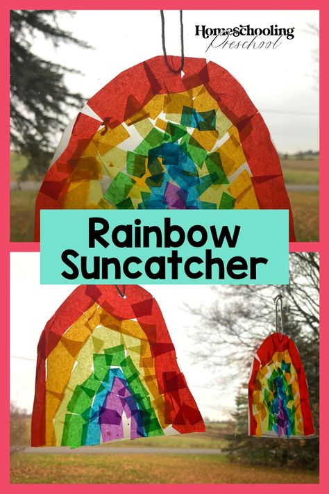 Rainbow Suncatcher Craft - Homeschooling Preschool Prek Rainbow Crafts, Rainbow Ideas For Preschoolers, Suncatcher Craft Preschool, Rainbow Craft For Preschool, Rainbow Craft For Kindergarten, Rainbow Craft Kindergarten, Preschool Suncatcher Craft, Sun Catcher Preschool, Rainbow Lessons Preschool