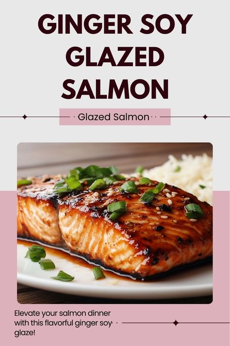 Sweet, savory, and packed with flavor, this ginger soy glazed salmon is the perfect balance of tastes! A healthy and delicious dinner option. 🥢 #GingerSoySalmon #HealthyMeals #SalmonLovers #FlavorPacked Ginger Garlic Salmon Recipes, Salmon With Ginger And Garlic, Salmon Ginger Soy Honey, Soy Ginger Glaze, Asian Sauce For Salmon, Ginger Salmon Recipes, Salmon With Soy Sauce, Soy Ginger Salmon, Ginger Glazed Salmon