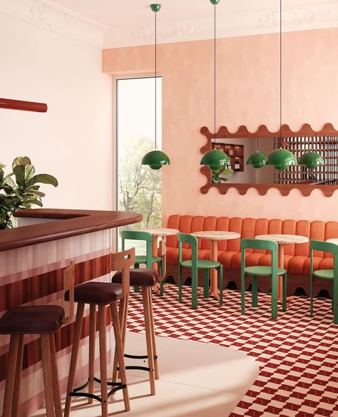 𝐅 𝐢 𝐧 𝐜 𝐡 𝐬 𝐭 𝐮 𝐝 𝐢 𝐨 | Bar and dining area. Our project for @janeandthejam | Instagram Mid Century Cafe Interior, Retro Pizzeria, Vintage Cafe Design, Restaurant Banquette, Restaurant Booth Seating, Salad Packaging, Modern Bakery, 70s Interior Design, Dining Booth