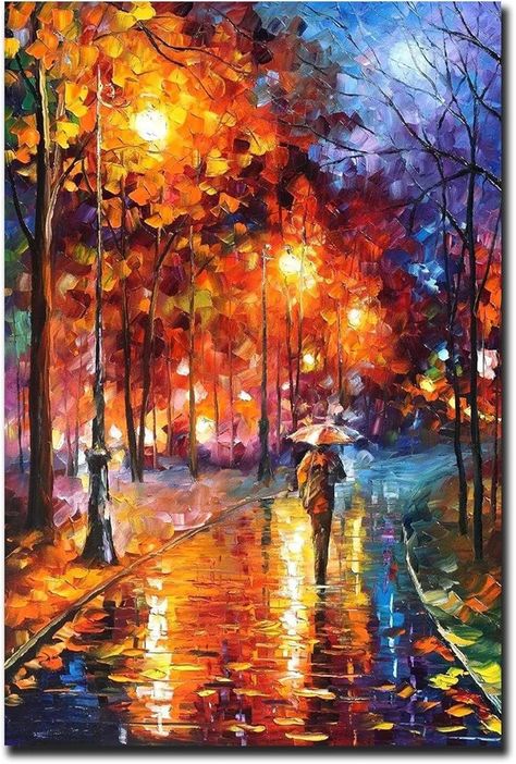 Couple Landscape, Watercolor Frame, Leonid Afremov, Room Decor Wall Art, Night Couple, Home Room Decor, Rainy Night, Room Decor Wall, Leonid Afremov Paintings