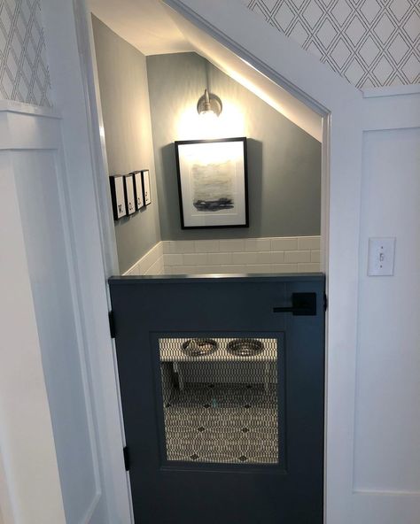 Who let the dogs 🐶 out?! We ❤️ this use of space under the stairwell🐕 Opt-in to having a dog room in your home at #SneeFarmVillage ! Click… | Instagram Under Stairs Dog Kennel Door, Under Stairs Ideas Dog Spaces, Under Staircase Nook Ideas, Dog Spaces Under Stairs, Understairs Storage With Dog Bed, Under Stairs Closet Dog Room, Dog Kennel Basement, Dog Kennel In Closet Ideas, Closet Dog House