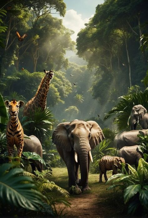 A serene assembly of an elephant, giraffe, zebra, and other animals in a vibrant, sunlit jungle with birds in flight. Wildlife Conservation Poster, Conservation Poster, Vibrant Poster, Save Wildlife, Animal Conservation, Glittery Wallpaper, Future Job, Interesting Animals, Poster Drawing