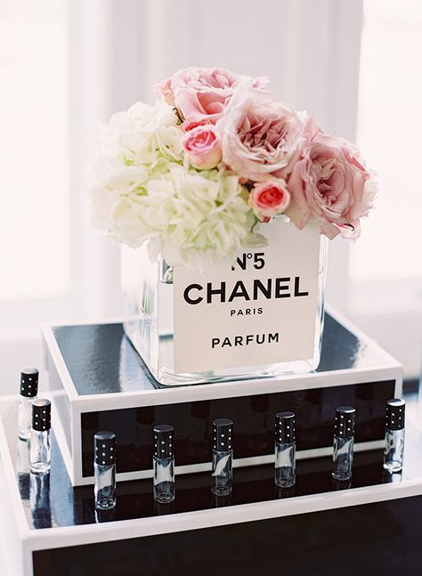 Chanel Bridal Shower, French Bridal Showers, Paris Bridal Shower Theme, Lavender Centerpieces, Bridal Shower Themes, Paris Bridal Shower, Chanel Perfume Bottle, Bridal Shower Activities, Themed Bridal Shower