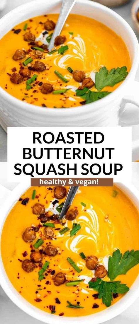 This vegan roasted butternut squash soup is easy to make, healthy and perfect for a fall dinner. This vegan soup is ready in less than 45 minutes and is freezer friendly and perfect for meal prep. Vegan Butternut Squash Soup Recipes, Vegan Roasted Butternut Squash, Chickpea Croutons, Soup For Fall, Gluten Free Fall Recipes, Crispy Chickpea, Quick Vegetarian Dinner, Vegan Butternut Squash Soup, Butternut Squash Recipe