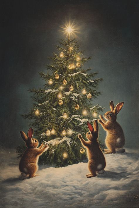 🎄✨ Embrace the magic of the season with this enchanting scene inspired by Caspar David Friedrich! Picture three adorable rabbits lovingly decorating a Christmas tree, surrounded by a snowy landscape. ❄️🐇 Their delicate touch brings the tree to life with shimmering baubles that sparkle against the dark, cozy tones of the room. The only light shines from the beautifully adorned tree, creating a w... Rabbit Christmas Illustration, Magical Bunny, Adorable Rabbits, Three Rabbits, Bunny Christmas, Scandi Art, David Friedrich, Snowy Scene, Christmas Bunny