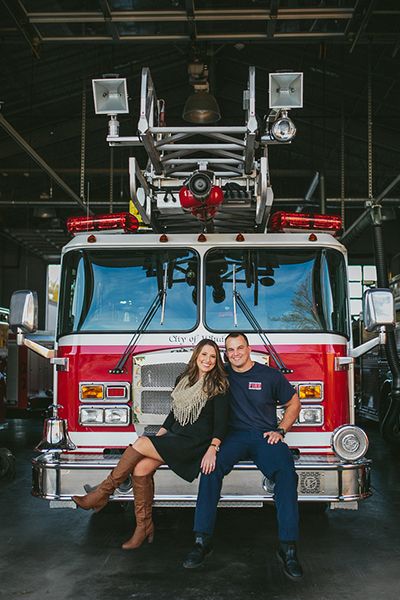 Firefighter engagement photo Firefighter Couple Pictures, Firefighter Engagement Pictures, Firefighter Couple, Firefighter Engagement, Firefighter Photography, Mrs To Be, Firefighter Family, Firefighter Wedding, Firefighter Pictures