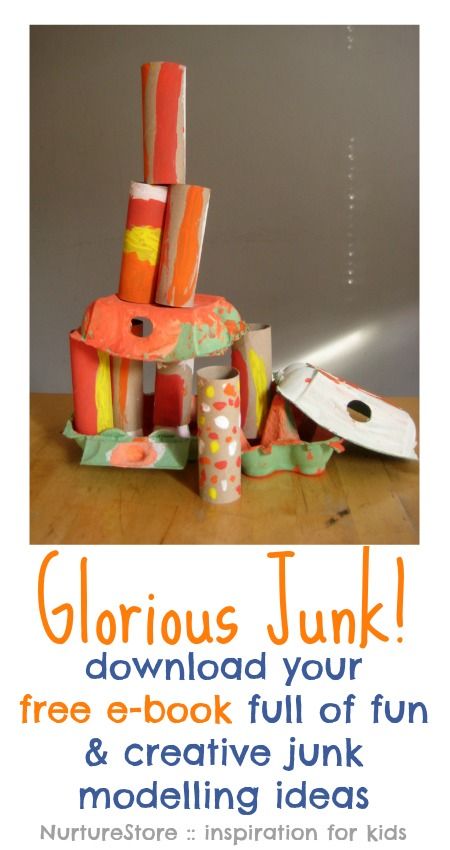 A free kids craft ebook - download a copy of Glorious Junk! Full of ideas for creative play. | NurtureStore :: inspiration for kids Junk Modelling, Space Crafts For Kids, Family Day Care, Model Ideas, New Year's Crafts, Indoor Activities For Kids, Junk Art, Xmas Ideas, Childrens Crafts