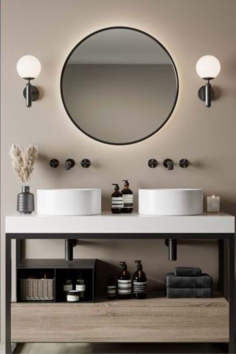 Taupe Grey Bathroom, Beige Bathroom Black Fixtures, Taupe Bathroom Walls, Taupe Bathroom Ideas, Bathroom Colours, Taupe Bathroom, Gray Bathroom Walls, Earthy Bathroom, Neutral Bathroom