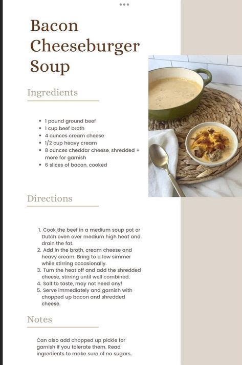 Caveman Diet Recipes, Bacon Cheeseburger Soup, Caveman Diet, Soup With Ground Beef, Meat Diet, Cheeseburger Soup, Keto Soup, Beef Soup, Cheese Soup