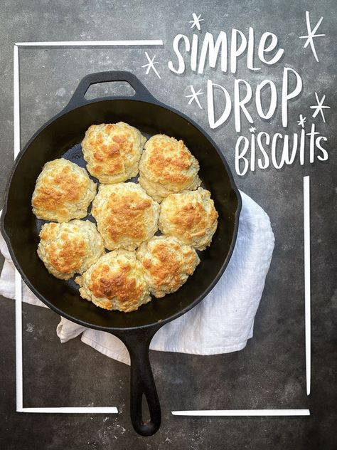 Buttermilk Drop Biscuits, Easy Drop Biscuits, Drop Biscuits, Cast Iron Skillet Recipes, Biscuits Easy, Cast Iron Recipes, Buttermilk Biscuits, Cast Iron Cooking, Baking Flour