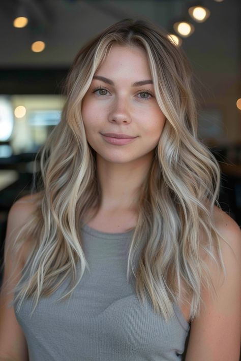 Young woman with long, wavy blonde hair and a slight smile, wearing a gray sleeveless top, standing indoors. Blonde Balayage Low Maintenance, Blonde Hair With Copper Lowlights, Lowlights For Blonde Hair, Lowlights For Blonde, Copper Lowlights, Caramel Lowlights, Soft Blonde Hair, Fall Blonde Hair Color, Bright Blonde Hair