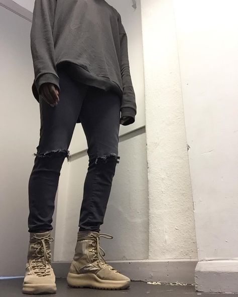 Yeezy military boots Yeezy Boots Outfit Men, Tactical Boots Outfit, Military Boots Outfit, Athlete Fashion, Gucci Denim, Yeezy Outfit, Boots Outfit Men, Yeezy Boots, Fresh Fashion