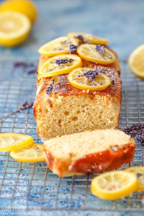 Easy Lemon Lavender Loaf Bread is perfect for everyday baking and occasions. This recipe is bursting with citrusy lemon flavor and topped with candied lemons, so easy to make from scratch! #happyfoodstube #lemon #bread #loaf #cake #recipe #baking #dessert #sweetbread Lavender Loaf Cake, Lavender Loaf, Lemon Lavender Cake, Lemon Tart Recipe, Lavender Cake, Lavender Recipes, Loaf Cake Recipes, Tea Bread, Lemon Bread