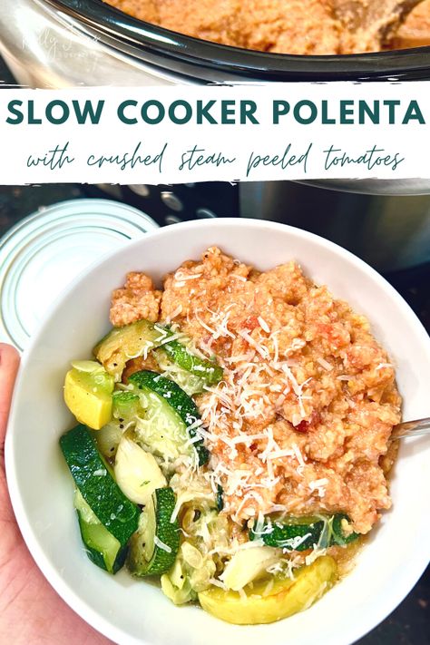 Slow Cooker Polenta With Tomatoes – Kelly Jones Nutrition Sauteed Squash, Polenta Recipe, Kelly Jones, Vegan Crockpot Recipes, How To Cook Polenta, Vegan Crockpot, Lentil Tacos, Canning Crushed Tomatoes, Polenta Recipes