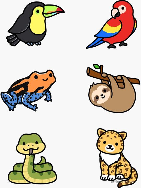 "Tropical Animal Sticker Pack" Sticker by littlemandyart | Redbubble Cute Animal Art Doodles, Cartoon Animals To Draw, Tropical Animals Drawing, Cute Animals Doodles, Aesthetic Stickers To Draw, Doodles Of Animals, Cute Animal Character, Cute Animals Cartoon, Animals Cartoon