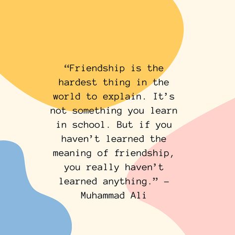 “Friendship is the hardest thing in the world to explain. It’s not something you learn in school. But if you haven’t learned the meaning of friendship, you really haven’t learned anything.” – Muhammad Ali Meaning Of Friendship, Muhammad Ali, The Meaning, You Really, Pie Chart, Meant To Be, Memes, Quotes, The World