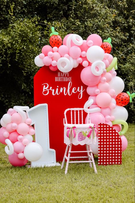 Two Parties In One Ideas, One Year Old Birthday Party Strawberry, Berries First Birthday, Pink And Red Food Ideas, Berry Birthday Backdrop, Berry Themed First Birthday Decor, Berry Sweet 1st Birthday Centerpieces, Strawberry Shortcake 1st Birthday Party Theme, Strawberry Arch Backdrop