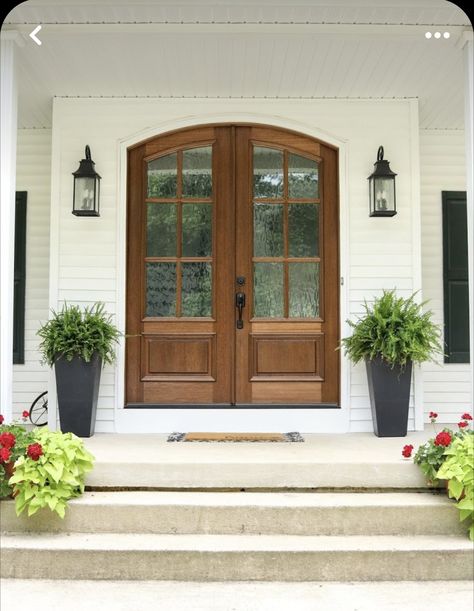 Wooden Front Door White House, Wood Front Door On White House, Wood Door With White Sidelights, White House Wood Door, White Exterior Double Front Door, Wood Door White Sidelights, Wooden Front Doors, White House, Wooden Doors