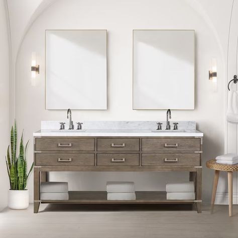 Lexora Greenberg 72-in Grey Oak Undermount Double Sink Bathroom Vanity with White Marble Top (Mirror Included) in the Bathroom Vanities with Tops department at Lowes.com Beautiful Bathroom Decor, Sleek Bathroom, Double Bath, Floating Bathroom Vanity, Vanity Set With Mirror, Chrome Faucet, Double Sink Bathroom, Double Sink Vanity, Transitional Bathroom Vanities