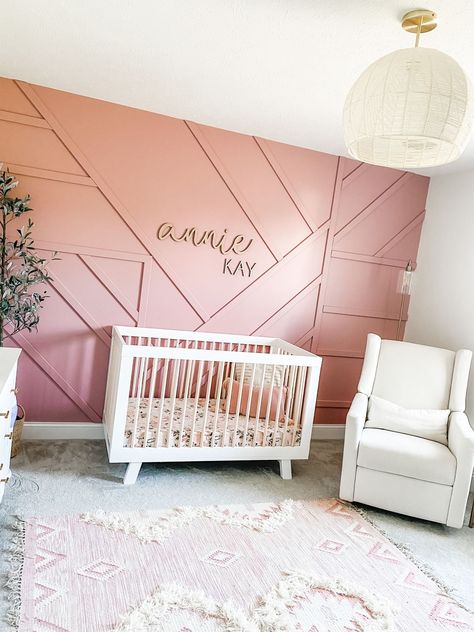 Rose Colored Nursery, Toddler Girl Bedroom Accent Wall, Pink Accent Wall Bedroom Kids, Accent Wall Girl Nursery, Baby Girl Nursery Accent Wall, Girl Nursery Accent Wall, Nursery Accent Wall Girl, Dusty Rose Nursery, Pink Nursery Ideas