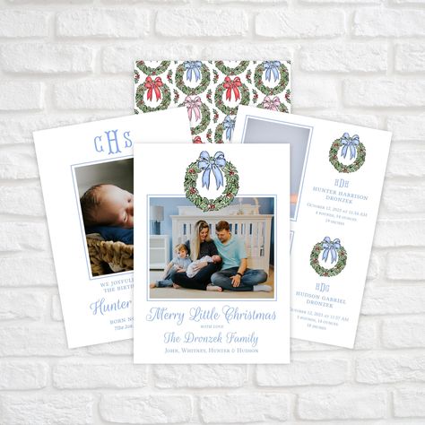 Baby Announcement Christmas Card, Birth Announcement Christmas Card, Christmas Baby Announcement, Christmas Photo Card Template, Watercolor Monogram, Bow Wreath, Birth Announcement Boy, Birth Announcement Girl, Photo Card Template