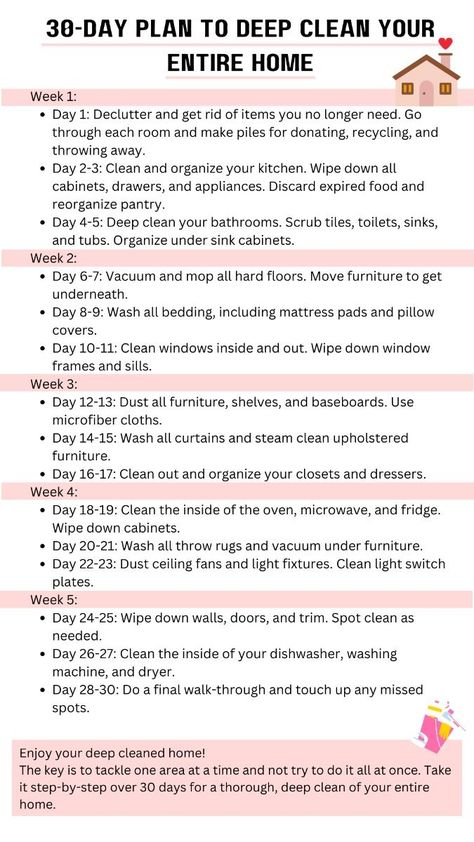 Feeling overwhelmed by the clutter and grime in your home? Embark on a 30-day journey to a sparkling, organized living space with this comprehensive deep cleaning plan! Each day, tackle a different area of your home, from decluttering the kitchen to scrubbing the bathroom tiles. Follow our easy-to-follow checklist and unlock the satisfaction of a truly clean home. Get...#to #The #a #Home #Schedule #Guide #Motivation #Inspo #Home #Cleaning #for #Creating #Guide #Ultimate #a #HomeTrends #Tidy Clean Challenge, Deep Cleaning House Checklist, Cleaning Plan, Household Cleaning Schedule, Home Schedule, House Checklist, Deep Cleaning Checklist, Deep Cleaning House, Casa Clean