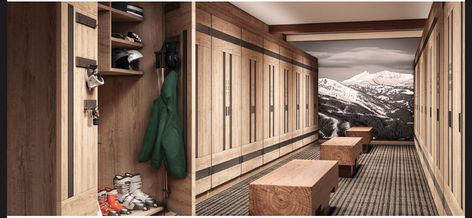 Ski Locker Room, Waterfall Building, Yellowstone Club, Ski Locker, Gear Room, Ski Room, Aspen House, Bench Designs, Mountain Homes