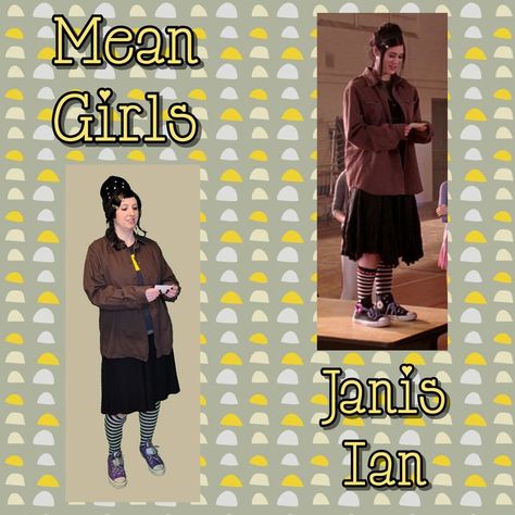 A side-by-side comparison of a person dressed up as Janis Ian from Mean Girls in a long sleeve brown button-up shirt over a black tee over it with the word RUBBISH in yellow letters, a black midi skirt, and black & white tights with purple and silver glitter converse all star sneakers holding a slip of paper next to Lizzy Caplan as Janis Ian from the movie. Words say Mean Girls and Janis Ian. Janis Ian Outfit, Mean Girls Janis, Janis Ian, Mean Girls Costume, Mean Girls Outfits, Outfit Ideas Black, A Halloween Costume, Friday Outfit, Outfit Dress