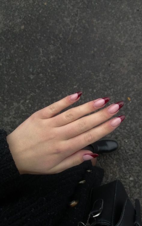 Nail inspo French Tip Wine Red Nails, Deep Red French Tip Nails Coffin, Dark Red French Tip Acrylic Nails, Dark Red Nails With French Tip, French Dark Red Nails, Cherry Red Nails Acrylic French Tip, Dark Red Nails With Black French Tips, Deep Red Tip Nails, Wine Red French Tip Nails Almond