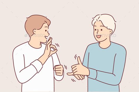 Man Teaches Friend Sign Language to Be Able Teaching Illustration Art, Friend Sign Language, Sign Language Illustration, Sign Language Aesthetic, Language Clipart, Communicative Language Teaching, Sign Language Art, Sign Language Interpreter, Hearing Problems