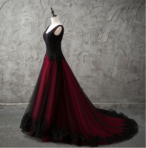 Gothic V-Neck Sleeveless Black and Red Wedding Dresses Lace Appliques Beading Country Chic Wedding Dresses Low Back Colored Wedding Gowns sold by Cherishwedding on Storenvy Black Gothic Wedding Dress, Country Chic Wedding Dress, Black Gothic Wedding, Black Wedding Dress Gothic, Colored Wedding Gowns, Wedding Dress Low Back, Wedding Dress A Line, White Bridal Gown, Chic Wedding Dresses