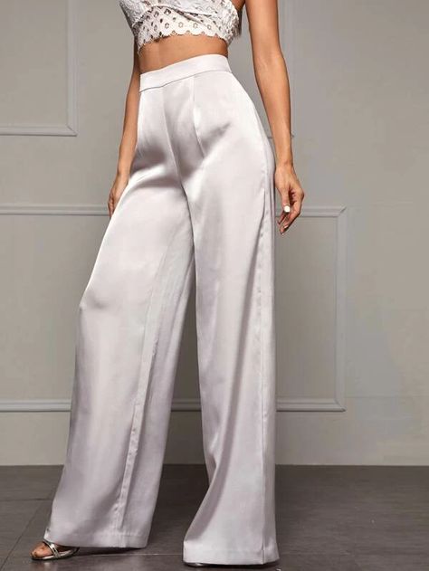 Wide Leg Satin Pants | SHEIN USA Satin Wide Leg Pants Outfit, Satin Pants Outfit Casual, Silk Satin Outfit, Silk Pants Outfit, Satin Pants Outfit, Formal Pants Women, Satin Wide Leg Pants, Satin Outfit, High Waisted Pants Outfit