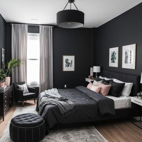 40 Bedroom Refresh Dark Furniture Ideas - Home Soils Minimalist Bedroom With Black Furniture, Dark Bedroom Makeover, Black Bedding Room Ideas, Minimalist Bedroom Black, Bedroom With Black Furniture, Dark Moody Bedroom, Dark Feminine Bedroom, Brass Bedroom, Wood Sleigh Bed