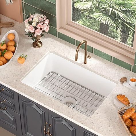 White Fireclay Undermount Kitchen Sink, DeerValley Single Bowl Kitchen Sink Accessories Workstation Sink with Sink Grid and Basket Strainer (White, 26.75" x18.9") - Amazon.com Porcelain Kitchen Sink, Porcelain Kitchen, Drop In Kitchen Sink, White Kitchen Sink, Sink Grid, Drop In Sink, Fireclay Sink, Quartz Kitchen, Bowl Kitchen Sink