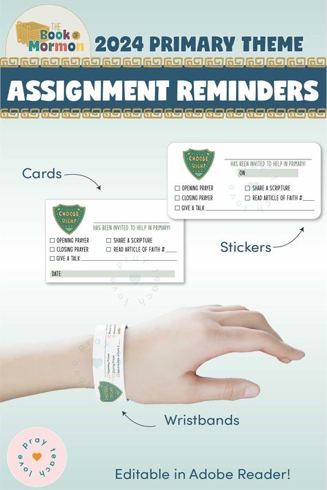 Our 2024 Primary Extras packet includes all those little extras your Primary needs throughout the year, including Opening Exercises assignment cards and wristbands! www.LovePrayTeach.com #2024ComeFollowMe #2024Primary #2024BookofMormon Lds Primary Secretary Organization, Primary Program 2024 Script, Lds Primary Program 2024, Primary Secretary Helps, Lds Primary Lesson Helps 2024, Lds Primary Presidency, Scripture Reading Chart, Primary Secretary, Closing Prayer