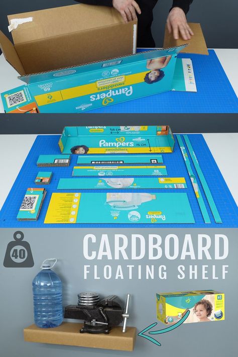 I made a cardboard floating shelf out of a single diapers box. This easy cardboard project is easy to make and it's free to do so as you recycle a cardboard box into a piece of furniture. In my step by step tutorial video, i'll show you how to transform a cardboard box into a floating shelf made from cardboard. #diy #cardboard #floating #shelf Cardboard Furniture Design, Recycle Cardboard Box, Diy Storage Shelves, Cardboard Diy, Cardboard Storage, Cardboard Crafts Diy, How To Recycle, Book Cover Diy, Box Shelves