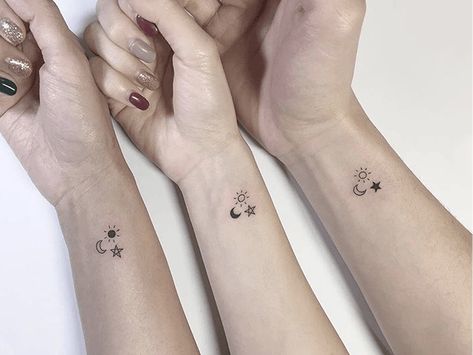 Tattoo uploaded by Tattoodo | Friendship Tattoos for 3 People by Playground Tat2 #PlaygroundTat2 #Playgroundtattoo #bestfriendtattoos #friendshiptattoos #friendtattoos #bfftattoo #matchingfriendtattoos #illustrative #linework #star #moon #sun | 1181632 | Tattoodo Friendship Tattoos For 3, Matching Friendship Tattoos, Group Tattoos, Matching Bff Tattoos, Cute Matching Tattoos, Matching Friend Tattoos, Small Matching Tattoos, Matching Best Friend Tattoos, Bestie Tattoo