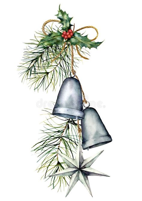 Watercolor silver Christmas bells garland with holiday decor. Hand painted traditional bells with holly, star and. Christmas tree branch isolated on white #AD , #Ad, #Ad, #garland, #holiday, #Watercolor, #bells Background For Design, Christmas Tree Branches, Fall Background, Christmas Bell, Family Illustration, Watercolor Paintings Tutorials, Watercolor Christmas, Pen And Watercolor, Silver Christmas