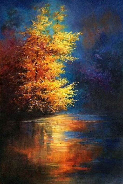 Justyna Kopania, Fall Paintings, Fall Canvas Painting, Fall Canvas, Canvas For Beginners, Trees Forest, Landscape Art Painting, 수채화 그림, Knife Painting