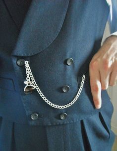 pocket watch chain (Albert style) w/ double breasted vest, & fob ... Suit Overcoat, Double Breasted Vest, Double Breasted Waistcoat, Vintage Pocket Watch, Blue Flannel, Mens Fashion Classic, Gold Chains For Men, Pocket Watch Chain, Androgynous Fashion