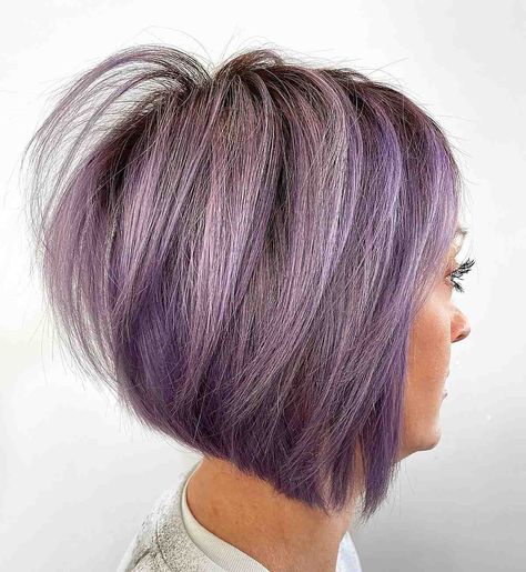 Gray Hair With Lavender Highlights, Low Lights For Gray Hair Short, Light Purple Hair Highlights, Purple Bob Hair, Gray Purple Hair, Short Brown Hair With Lavender Highlights, Purple Silver Hair, Gray Hair With Purple Highlights, Gray And Purple Hair