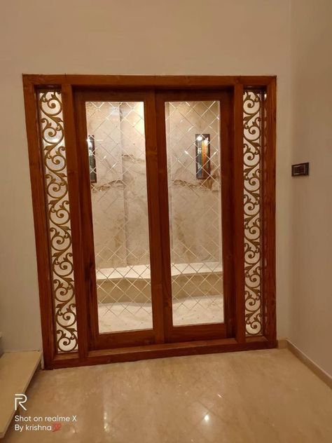 Glass Pooja Room Design, Pooja Room Double Door Design Modern, Double Door Design Modern, Poojai Arai, Room Color Ideas Bedroom, Indian Living Room Design, Kitchen Partition, Temple Door, Library Rooms