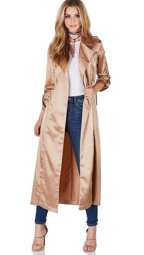 Gold Satin Long Duster Coat at ShopAA Long Duster Coat, Silk Coat, Soft Power, Long Duster, Coat Style, Fashion Lighting, Summer Fashion Outfits, Coat Fashion, Fashion Killa