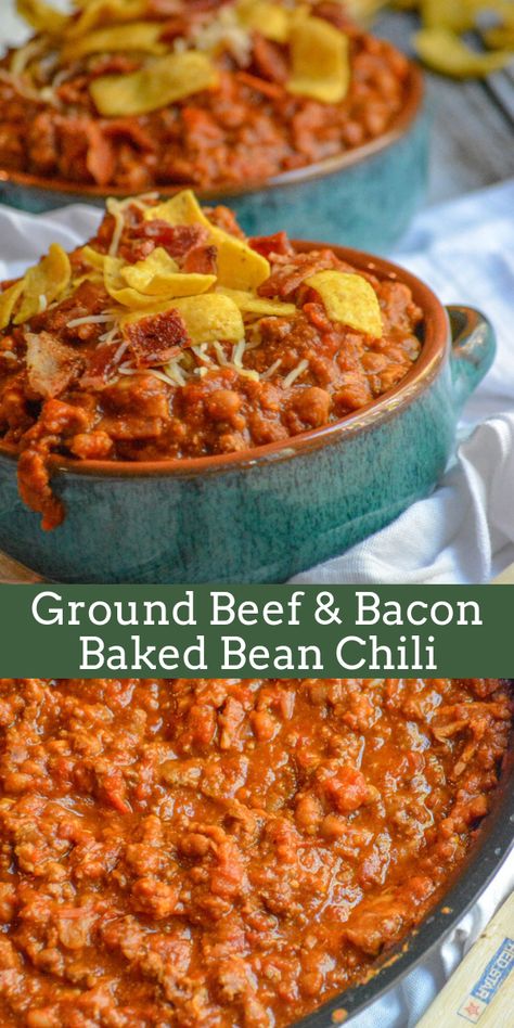 Crumbles of cooked beef, crisp bacon, and a baked bean base- it makes for an amazing chili. Don’t knock it until you’ve tried it! This Ground Beef & Bacon Baked Bean Chili is so good, and a recipe you’re gonna want to add to your repertoire. #chili #chilirecipe #recipe #dinnerrecipe Beef Crockpot Meals, Baked Bean Chili, Crockpot Recipes Ground Beef, Ground Beef Crockpot, Amazing Chili, Meals Crockpot, Beef Crockpot, Bacon Chili, Baked Beans With Bacon