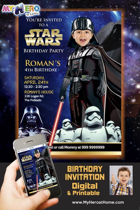 Turn your boy in a great Darth Vader for his custom Dark Side Star Wars Birthday Invitation. Darth Vader Party Ideas. Star Wars Photo Invitation. Star Wars Dark Side Party Ideas. Dark Side Birthday Invitation. Unique Darth Vader party Invitation. #DarthVaderBirthdayInvitation #DarthVaderPartyIdeas #DarkSideBirthdayInvitation #DarthVaderPartyInvitation #StarWarsPhotoInvitation #StarWarsPartyIdeas #DarthVaderCake #DarthVaderCostume #DarthVaderDecor #StarWarsDarkSide #myheroathome Darth Vader Dark Side, Darth Vader Party, Darth Vader Cake, Darth Vader Costumes, Star Wars Invitations, Star Wars Theme Party, Custom Party Invitations, Dark Side Star Wars, Star Wars Birthday Party