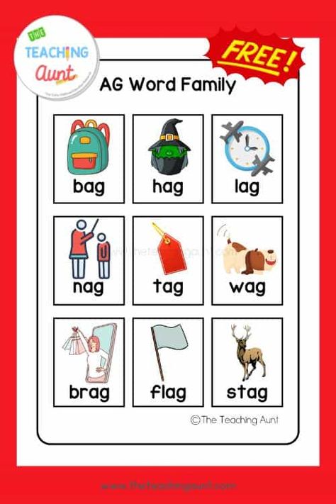 AG Word Family List - The Teaching Aunt Ag Family Words, Ag Family Words Worksheet, Ag Word Family, Writing Cvc Words Worksheets, Ip Word Family Worksheet, Am Word Family Worksheet, Ub Word Family Worksheet, Word Family List, Word Family Reading