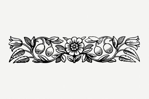 Floral border drawing, divider vintage illustration psd. Free public domain CC0 image. | free image by rawpixel.com Floral Line Design, Long Filler Tattoo, Lino Print Tattoo, Framed Flower Tattoo, Floral Border Drawing, Adrianne Lenker Tattoo, Flowers Illustration Black And White, Ornamental Floral Tattoo, Horizontal Tattoo