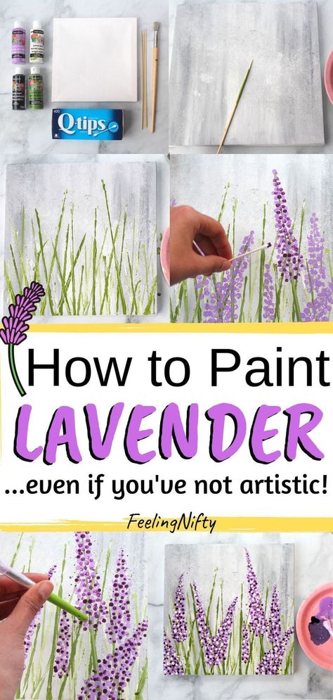 How to Paint Lavender Flower in Acrylics For Beginners | Learn Acrylics Series. Create this beautiful DIY lavender fields painting on canvas that you can use in your home decor, give away as a gift or sell your art on Etsy! Learn how with an easy and simple step by step tutorial that includes easy acrylic techniques for the background and using cotton swabs ( qtips) to recreate the abstract lavender flowers. #diy #art #painting #canvas #lavender Paint Lavender, Lavender Paint, Field Paint, Easy Flower Painting, Canvas Painting Tutorials, Easy Canvas Art, Learn How To Paint, Easy Canvas Painting, Hur Man Målar