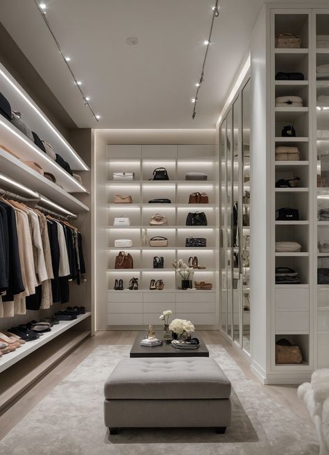 Step into a world of luxury with this modern walk-in closet designed for the stylish woman! Featuring sleek cabinetry, soft LED lighting, and plush carpeting, this space transforms organization into an art form. Ample shelving beautifully displays designer handbags and chic shoes, while a dedicated vanity area invites you to indulge in your daily beauty routine. #WalkInCloset #LuxuryLiving #FashionistaHaven Walk In Closet And Vanity, Master Closet Bench, Modern Walking Closet, Luxury Closet Women, Luxury Walk In Closet Women, Seattle Mansion, Walk In Closet Ideas Master Luxury, Walk In Closet Aesthetic, Her Walk In Closet