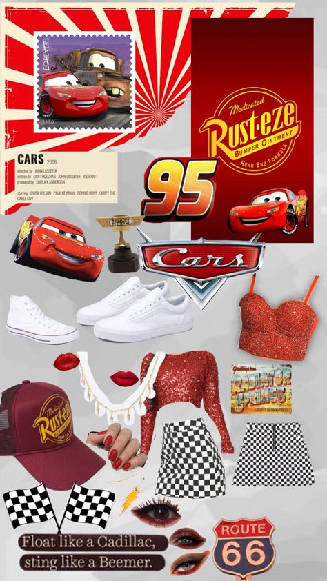 Diy Cars Halloween Costume, Disney Cars Themed Outfits, Sally And Lightning Mcqueen Costume Couple, Lightening Mcqueen Halloween Costumes, Lightening Mcqueen Costume Woman, Lighting Mcqueen Disneybound, Lighting Mcqueen Halloween Costume Women, Cars Duo Costume, Lightning Mcqueen And Mater Costume Couple